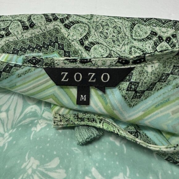 ZOZO Green Boho Print Tunic Top Tassel Tie V Neck Hi-low Hem - Picture 5 of 7